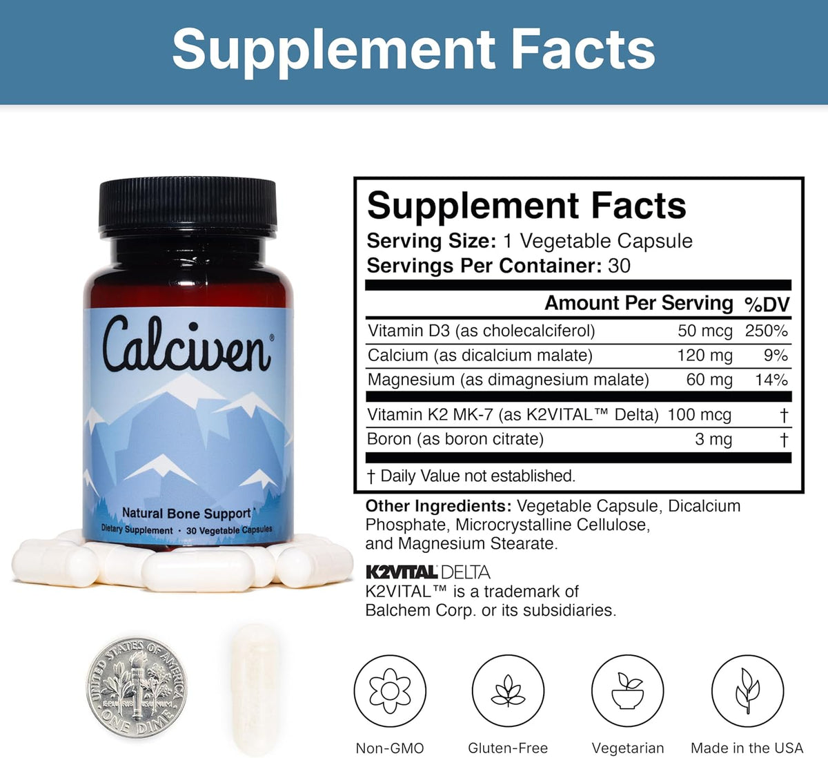 Calciven Natural Bone Support Supplement, Vegetarian, Gluten-Free 30 Count (Pack of 1)